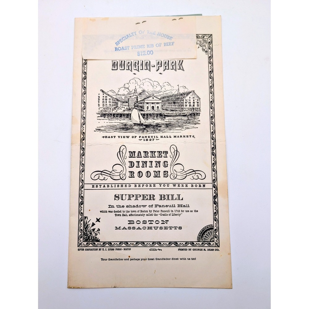 Vintage Durgin-Park Boston Menu Faneuil Hall Market Dining Rooms Supper Bill